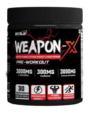 NutriJa Weapon-X Pre-Workout Powder with 21 Active Ingredients - 3 Best Forms of Creatine, AAKG, Beta-Alanine, Caffeinated | Pumps, Viens Popping, Energy, Focus &amp; Strength (30 Servings (Mango))