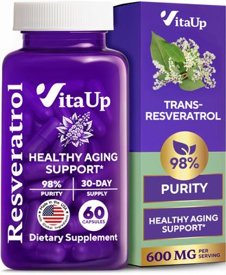 VitaUp Trans-Resveratrol Supplement - USA Made Resveratrol Capsules 600mg - Standardized to 98 Trans-Resveratrol - Antioxidant for Healthy Aging, Energy &amp; Cardiovascular Support - 60 Capsules