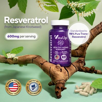 VitaUp Trans-Resveratrol Supplement - USA Made Resveratrol Capsules 600mg - Standardized to 98 Trans-Resveratrol - Antioxidant for Healthy Aging, Energy &amp; Cardiovascular Support - 60 Capsules
