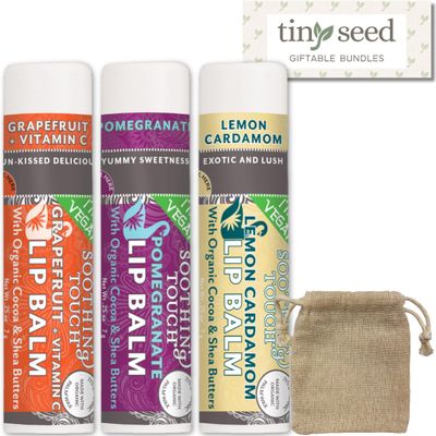 Vegan Lip Balm Set - Variety Pack of 3 Soothing Touch Lip Balms. Large 0.25 oz size. Includes Bonus Muslin Pouch (3 x 4 in). Unique Gift Bundle from Tiny Seed (Grapefruit, Pomegranate, Lemon Cardamom)