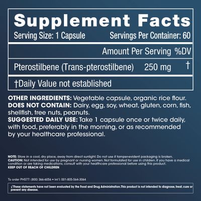 Pterostilbene Supplement (250mg, 60 Capsules) | Clinically Proven, Third-Party Tested Antioxidant for Heart & Brain Health | Activates Longevity Genes (3 Pack)