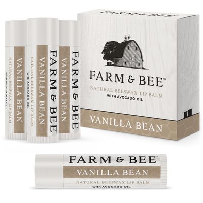 Natural Lip Balm - Organic &amp; Natural Ingredients - Beeswax Based Moisturizing Lip Care Chapstick for Chapped Lips - Great Gift Idea - Farm &amp; Bee - 0.15oz (Pack of 4 - Vanilla Bean)