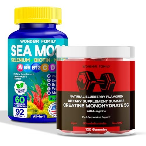 Muscle Gain &amp; Wellness Combo - Creatine Monohydrate Gummies with B6, B12 Wildcrafted Irish Sea Moss Capsules - Supports Strength, Recovery, Immune Health - 120 Creatine Gummies 60 Sea Moss Pills