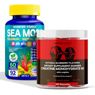 Muscle Gain &amp; Wellness Combo - Creatine Monohydrate Gummies with B6, B12 Wildcrafted Irish Sea Moss Capsules - Supports Strength, Recovery, Immune Health - 120 Creatine Gummies 60 Sea Moss Pills