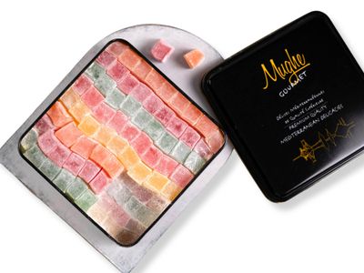 Mughe Gourmet Turkish Delight Candy Elegant Tin Box - 2.87lb/1300g - Halal, Vegan Lokum Fruit Flavors Rose, Strawberry, Lemon, Orange, Mint - Gift for Special Occasions, Halloween, Christmas