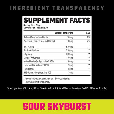 DBAP Extreme High Stim Pre-Workout Powder | 400mg Caffeine | Beta Alanine, Betaine Anhydrous, Electrolytes & Focus | High Stimulant Pre Workout Supplement | 20 Servings,Sour Skyburst