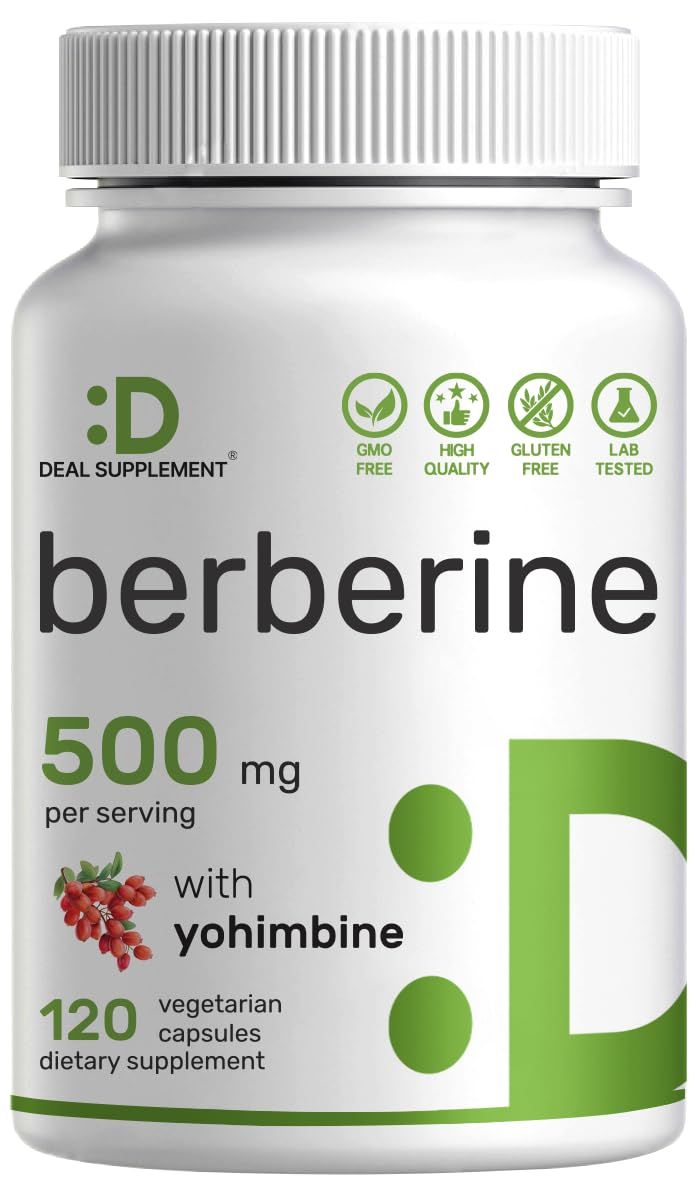 Berberine Supplement with Yohimbine, 500mg Per Serving, 120 Veggie Capsules - Root &amp; Bark Extracts - High Absorption Hydrochloride HCl Forms - Non-GMO, Vegan