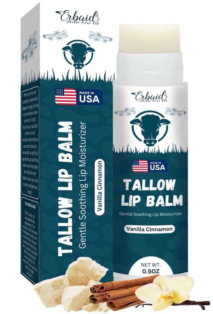 Beef Tallow Lip Balm - Natural Tallow Beeswax Chapstick - Hydrating Moisturizer Grass Fed Bison Tallow Balm Lip Care - Soothes Chapped, Dry Lips, Sensitive Skin - Long Lasting &amp; Vitamin Rich USA-Made