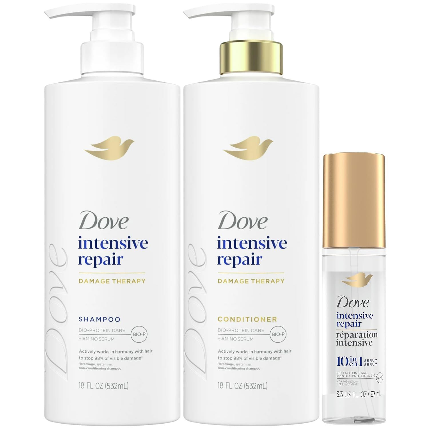 Dove Shampoo, Conditioner &amp; Serum Set, Intensive Repair - Damage Therapy Bio-Protein Care Formulas for Restoring Dry, Damaged Hair (3 Piece Set)