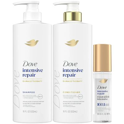 Dove Shampoo, Conditioner &amp; Serum Set, Intensive Repair - Damage Therapy Bio-Protein Care Formulas for Restoring Dry, Damaged Hair (3 Piece Set)