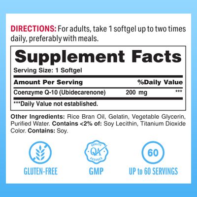 Vitamin World CoQ10 200 mg Softgels, Coenzyme Q10 Supplements for Antioxidant Support, Heart Health &amp; Energy Production, Gluten Free, 60 Rapid Release Softgels