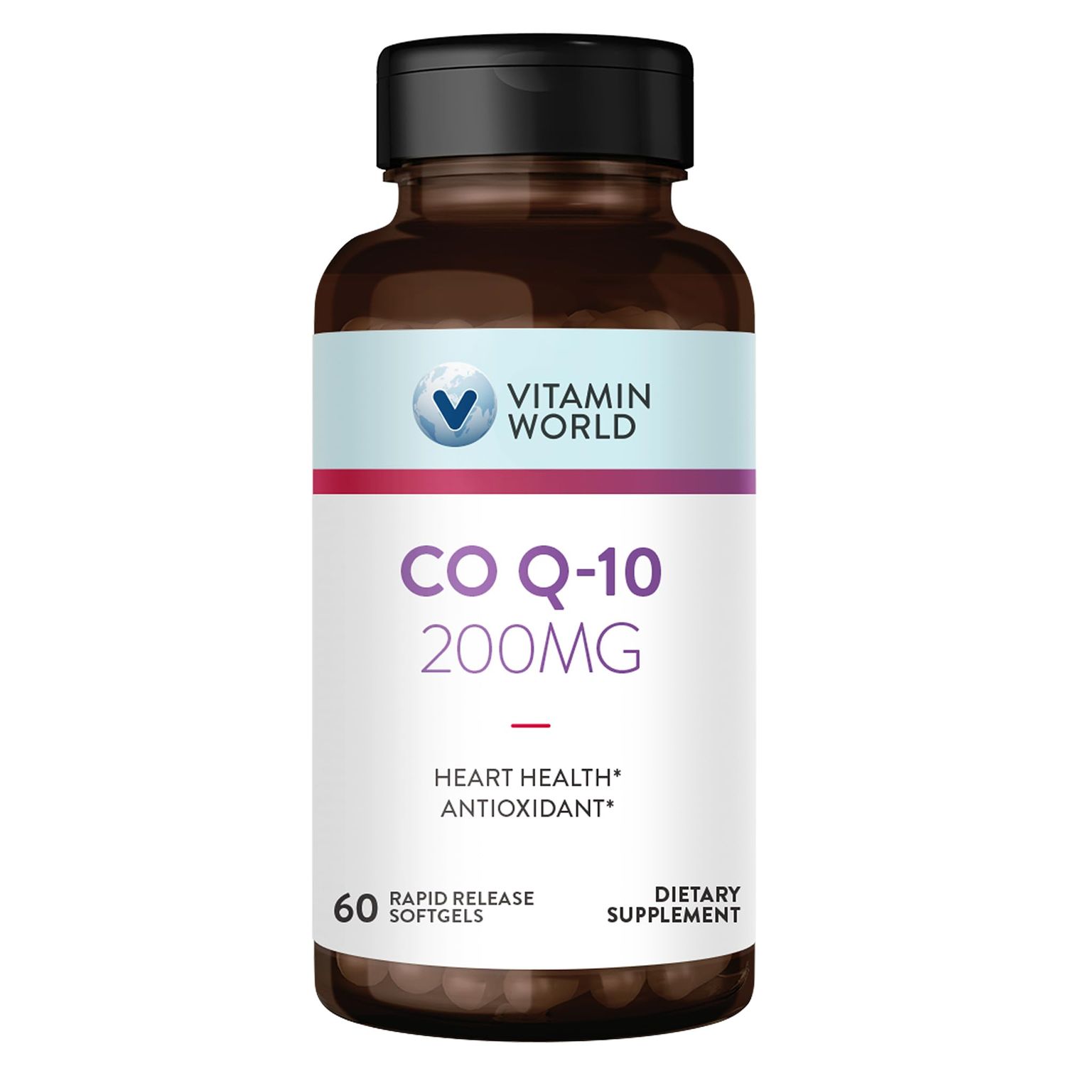 Vitamin World CoQ10 200 mg Softgels, Coenzyme Q10 Supplements for Antioxidant Support, Heart Health &amp; Energy Production, Gluten Free, 60 Rapid Release Softgels