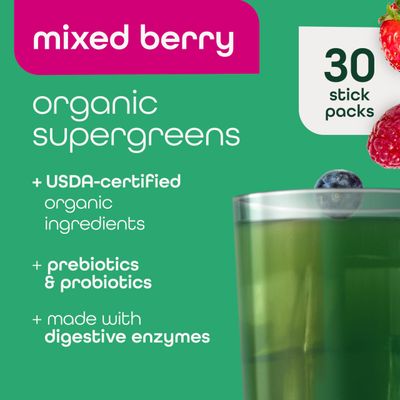 Zena Nutrition Organic Super Greens Powder, 70 Superfoods, 0 Sugar, 3G Fiber, Spirulina, Chlorella, Antioxidants, Prebiotics/Probiotics, Digestive Enzymes, Mixed Berry, 30 Drink Mix Packets