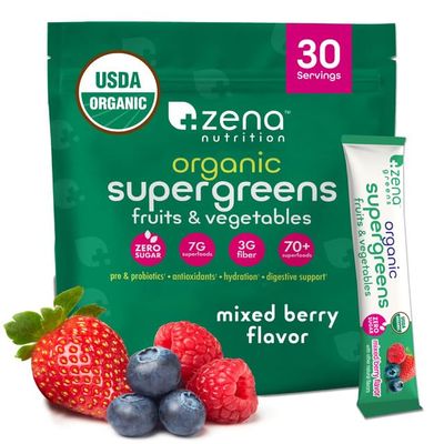 Zena Nutrition Organic Super Greens Powder, 70 Superfoods, 0 Sugar, 3G Fiber, Spirulina, Chlorella, Antioxidants, Prebiotics/Probiotics, Digestive Enzymes, Mixed Berry, 30 Drink Mix Packets