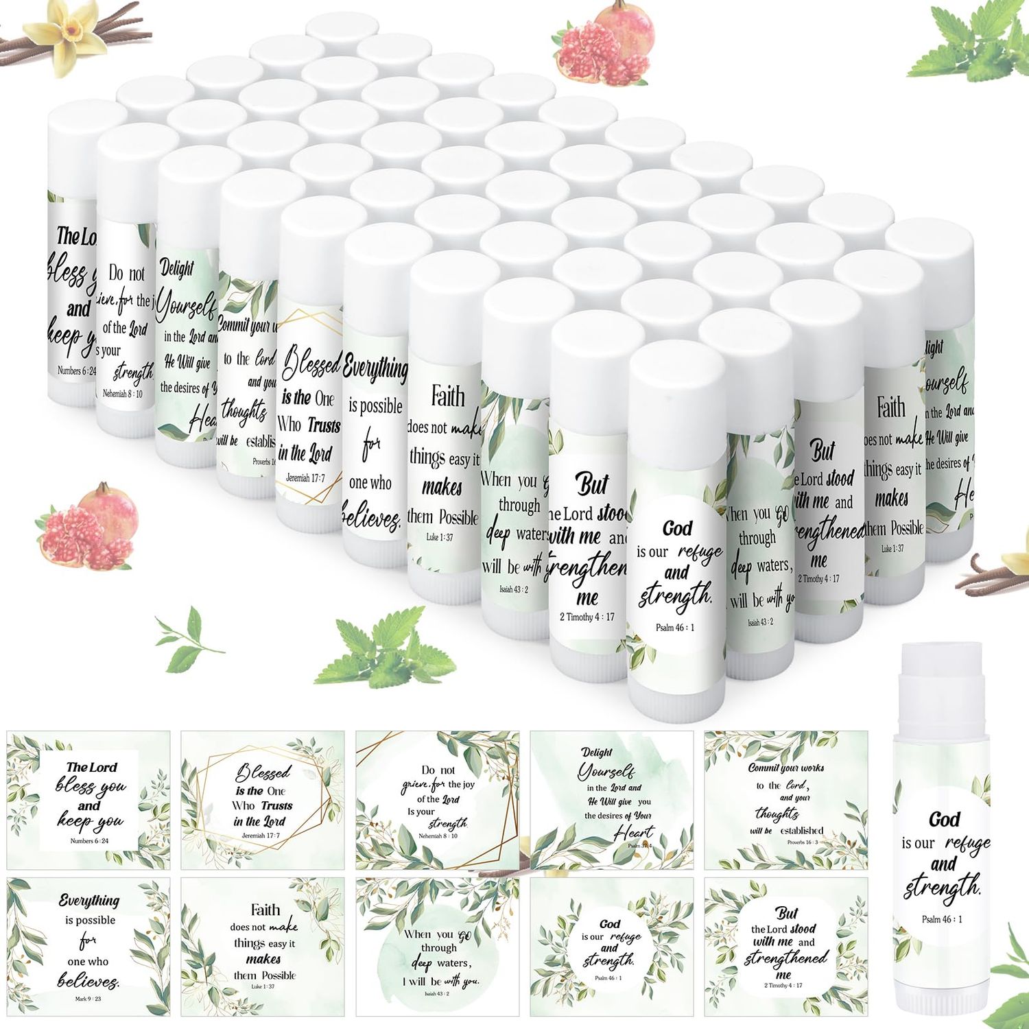 Siifert 50 Pcs Lip Balm Bulk Christian Gift for Women Faith Religious Bible Verse Lip Balm Inspirational Gift Scripture Moisturizing Lip Care Product for Coworker Sister Teacher(Eucalyptus Leaf)