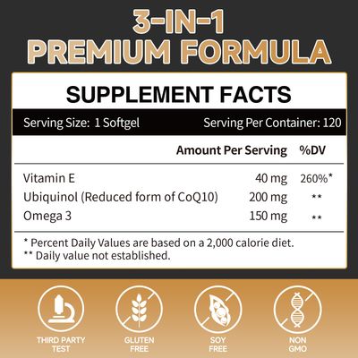 Ubiquinol CoQ10-200mg-Softgels with Vitamin E &amp; Omega 3, High Absorption Coenzyme Q10 Support Heart Health &amp; Energy-Production Powerful-Antioxidant, 120 Counts