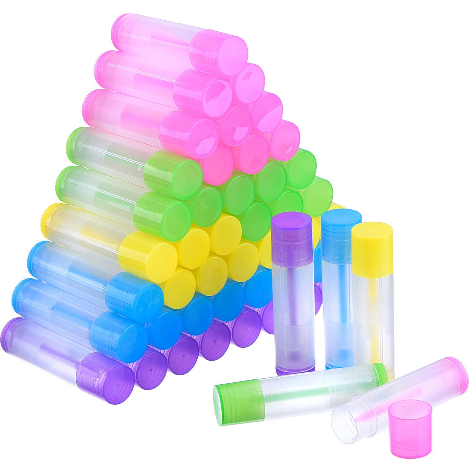 eBoot 50 Pieces Lip Balm Empty Container Clear Tubes with Twist Bottom and Top Cap, 3/16 Oz (5.5 ml) (Multicolor)