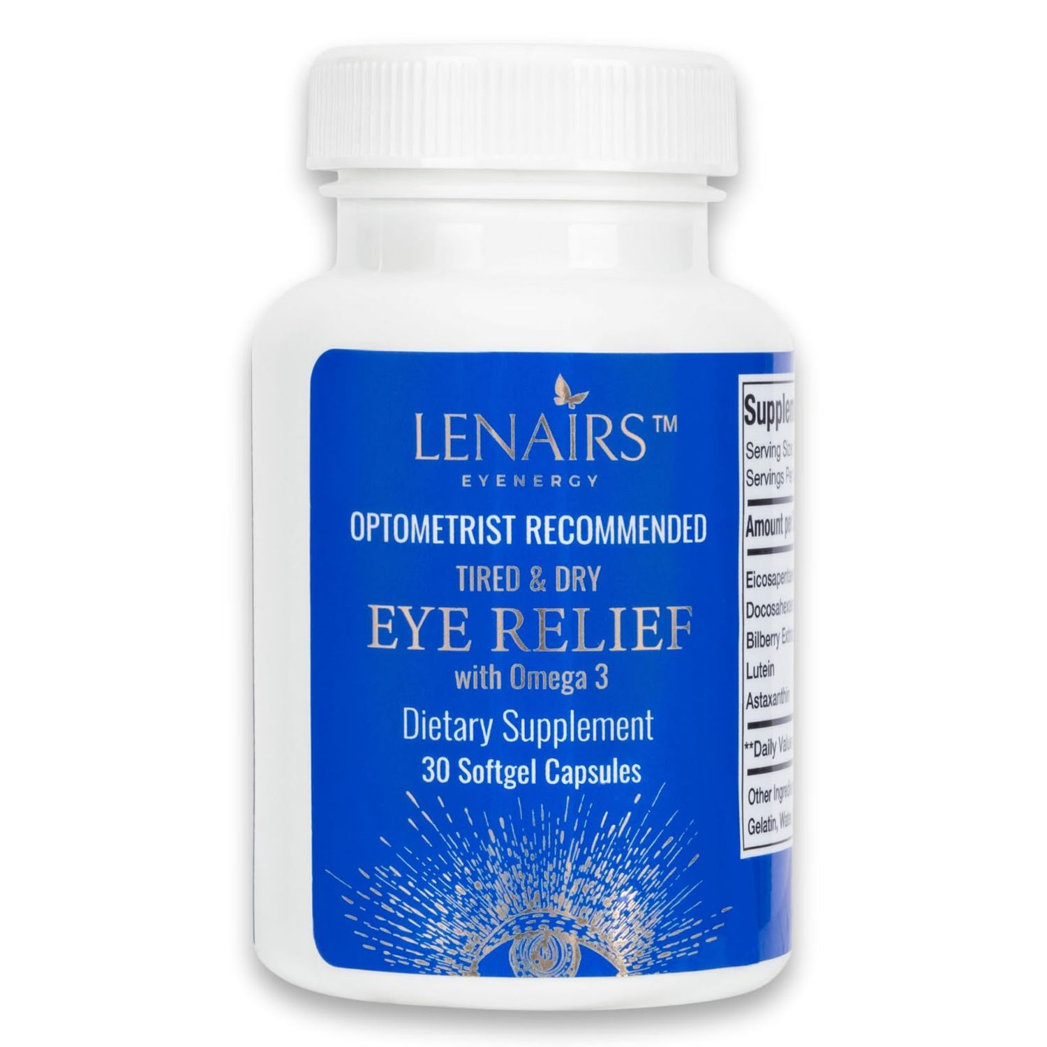 LENAIRS Softgels - Tired &amp; Dry Eye Relief with Omega 3, EPA &amp; DHA, Bilberry, Lutein, Astaxanthin, Essential Nutrients for Eye Health, for Computer Eye Strain, Digital Eye Fatigue, Gluten Free