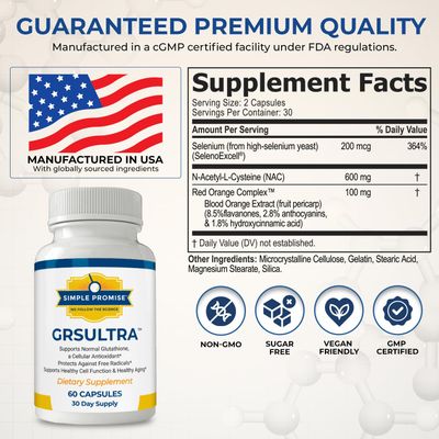 Simple Promise GRS Ultra - Glutathione Supplement with NAC 600mg N-Acetyl Cysteine, Selenium 200mcg &amp; Red Orange Complex - Antioxidant &amp; Cellular Support for Men &amp; Women - 30 Days Supply