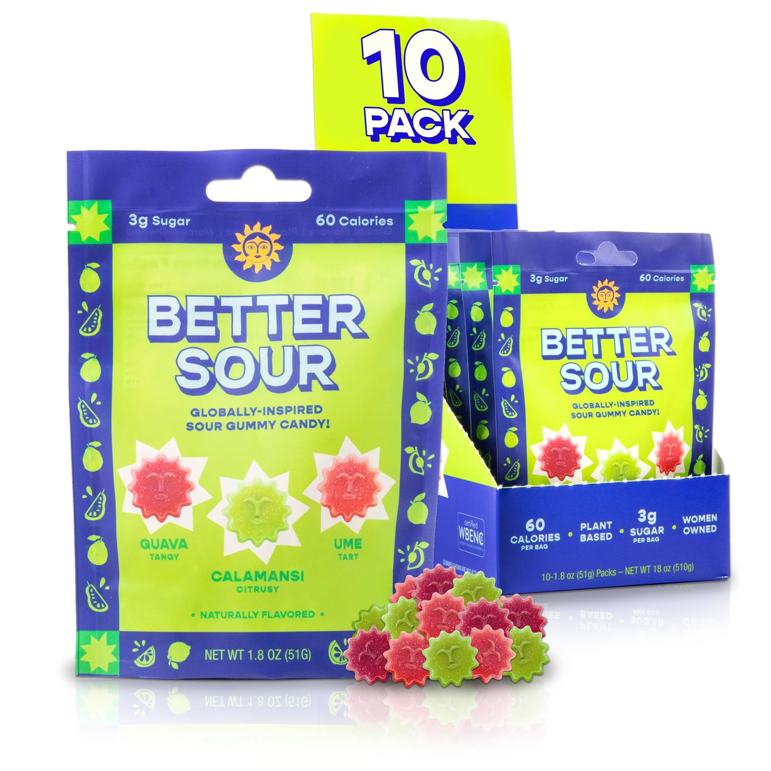Better Sour Gummies - Guava, Calamansi, Ume - Naturally Flavored, Plant-Based, Low Sugar, Healthy Sour Gummy Candy - 3g sugar/60 cal per 1.8 oz Bag, Healthy Treats for Kids &amp; Adults (Pack of 10)