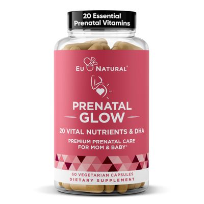 Eu Natural Glow Prenatal Vitamins for Women - 20-in-1 Vital Nutrients for Healthy Pregnancy and Fetal Development - Folic Acid &amp; Vegan DHA for Baby&#39;s Growth &amp; A Comfortable Pregnancy - 60 Capsules