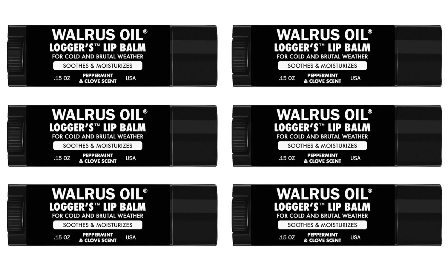 WALRUS OIL - Logger&#39;s Lip Balm, 6-Pack, 100 Vegan and Beeswax-Free, Made with Candelilla Wax, Coconut Oil, Jojoba Oil, and Natural Ingredients.