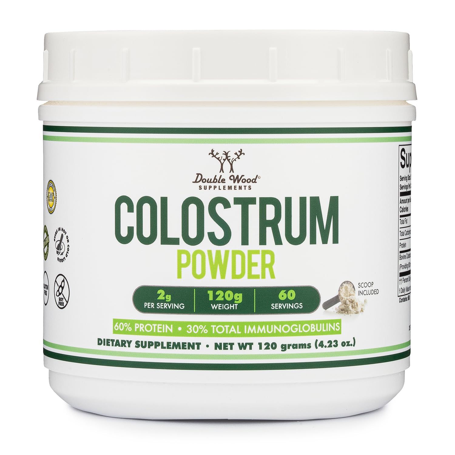 Double Wood Supplements Bovine Colostrum Powder for Women and Men, for Gut Health, Skin &amp; Hair, Immune Support (120 Grams, 60 Day Supply - Standardized to 30 Total Immunoglobulins and 60 Protein)