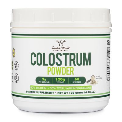 Double Wood Supplements Bovine Colostrum Powder for Women and Men, for Gut Health, Skin &amp; Hair, Immune Support (120 Grams, 60 Day Supply - Standardized to 30 Total Immunoglobulins and 60 Protein)