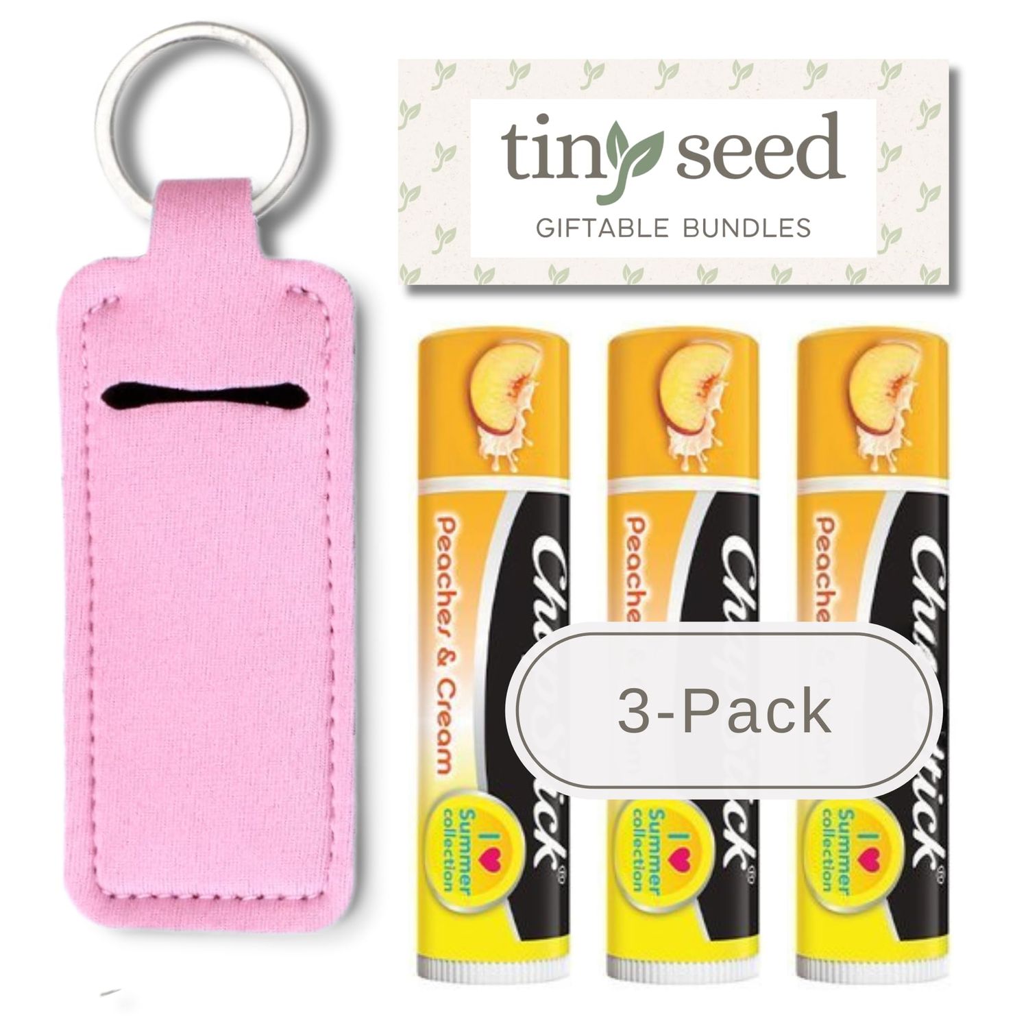 TINY SEED Lip Balm Gift Set: Peaches and Cream 3-Pack. Limited Edition Flavor from I Love Summer Collection. Includes Lip Balm Holder Keychain (Pink).