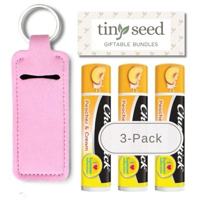 TINY SEED Lip Balm Gift Set: Peaches and Cream 3-Pack. Limited Edition Flavor from I Love Summer Collection. Includes Lip Balm Holder Keychain (Pink).