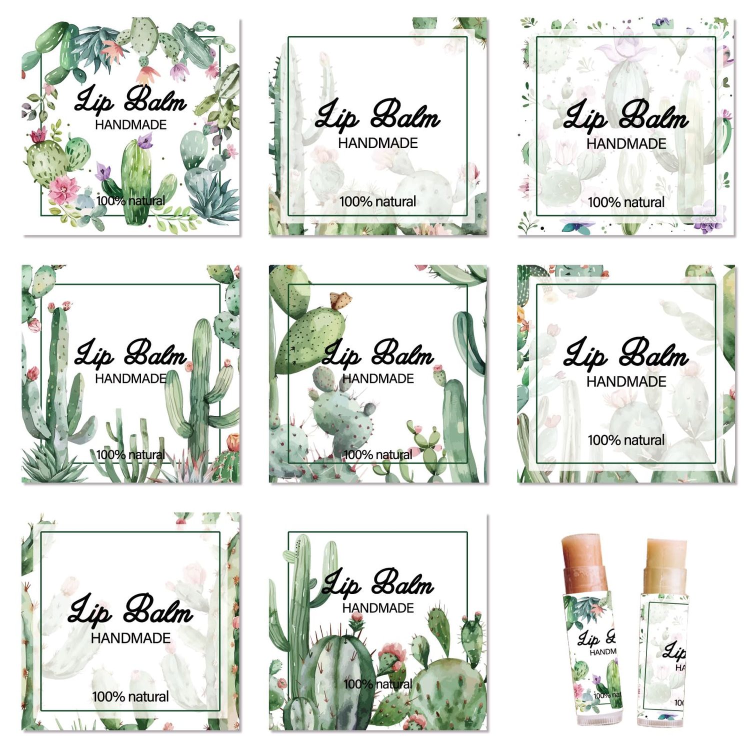 CRASPIRE 80Pcs 8 Styles Lip Balm Stickers Cactus Tropical Plants Greenery Homemade Skincare Products Self-Adhesive Waterproof Lip Balm Labels Stickers for Tube Containers Cosmetics Lipsticks 2 Inch