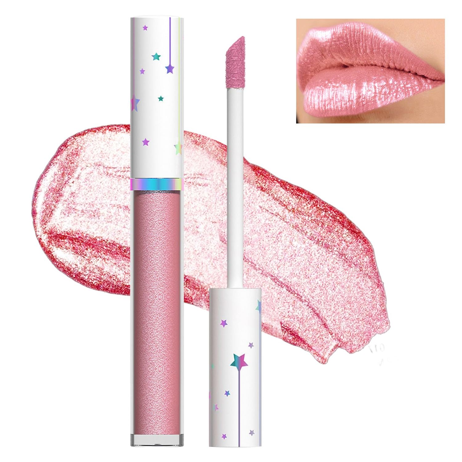 LZXLUKGIR Pink Metallic Glitter Lip Gloss, Shimmer Liquid Lipstick, Water Tint Lip Stain, Long Lasting Waterproof Nude Lip Gloss, Sparkly Glossy Lip Makeup for Women