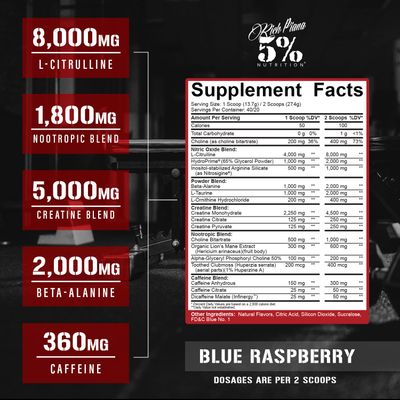 5 Nutrition Rich Piana Reloaded High Stim Pre-Workout | Ultra Energy, Focus, Pumps, Power & Endurance | Citrulline, GlycerSize, Nitrosigine, Creatine, Choline, Huperzine A (Blue Raspberry)