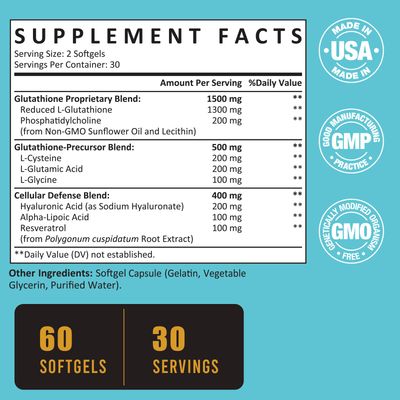 2400 MG Liposomal Glutathione Softgels, Max Absorption, Active Form L-Glutathione Reduced (GSH), with Hyaluronic Acid, Resveratrol, Master Antioxidants for Detox, Brain, Immune System, 360 Softgels
