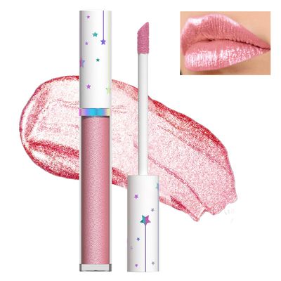 LZXLUKGIR Pink Metallic Glitter Lip Gloss, Shimmer Liquid Lipstick, Water Tint Lip Stain, Long Lasting Waterproof Nude Lip Gloss, Sparkly Glossy Lip Makeup for Women