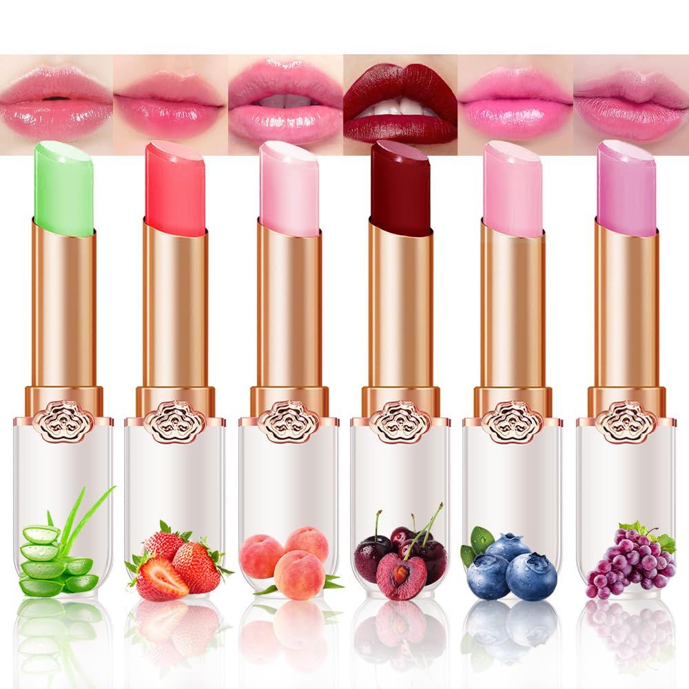 BINGBRUSH Peach Color Changing Lipstick,Moisturizer Long Lasting Lip Care Lip Balm Magic Lip Gloss Lip Tint Stain Gloss Set for Women (6Pcs Aloe Vera Strawberry Peach Cherry Blueberry Grape)