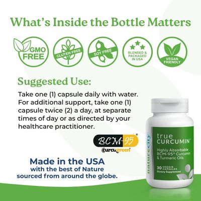 NatureCity True-Curcumin Turmeric Supplement | Non-GMO Tumeric and Curcumin 500mg Curcuma Capsules Vitamin Supplements | Up to 700 Increase in Absorption (90 Day Supply) | Supports Joints