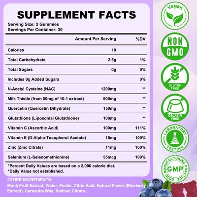 NAC Gummies 1200mg, N Acetyl Cysteine Supplement for Adults and Kids, NAC Chewable Support Liver Health, Antioxidants &amp; Immune System, Sugar-Free, Blueberry Flavor, 60 Count