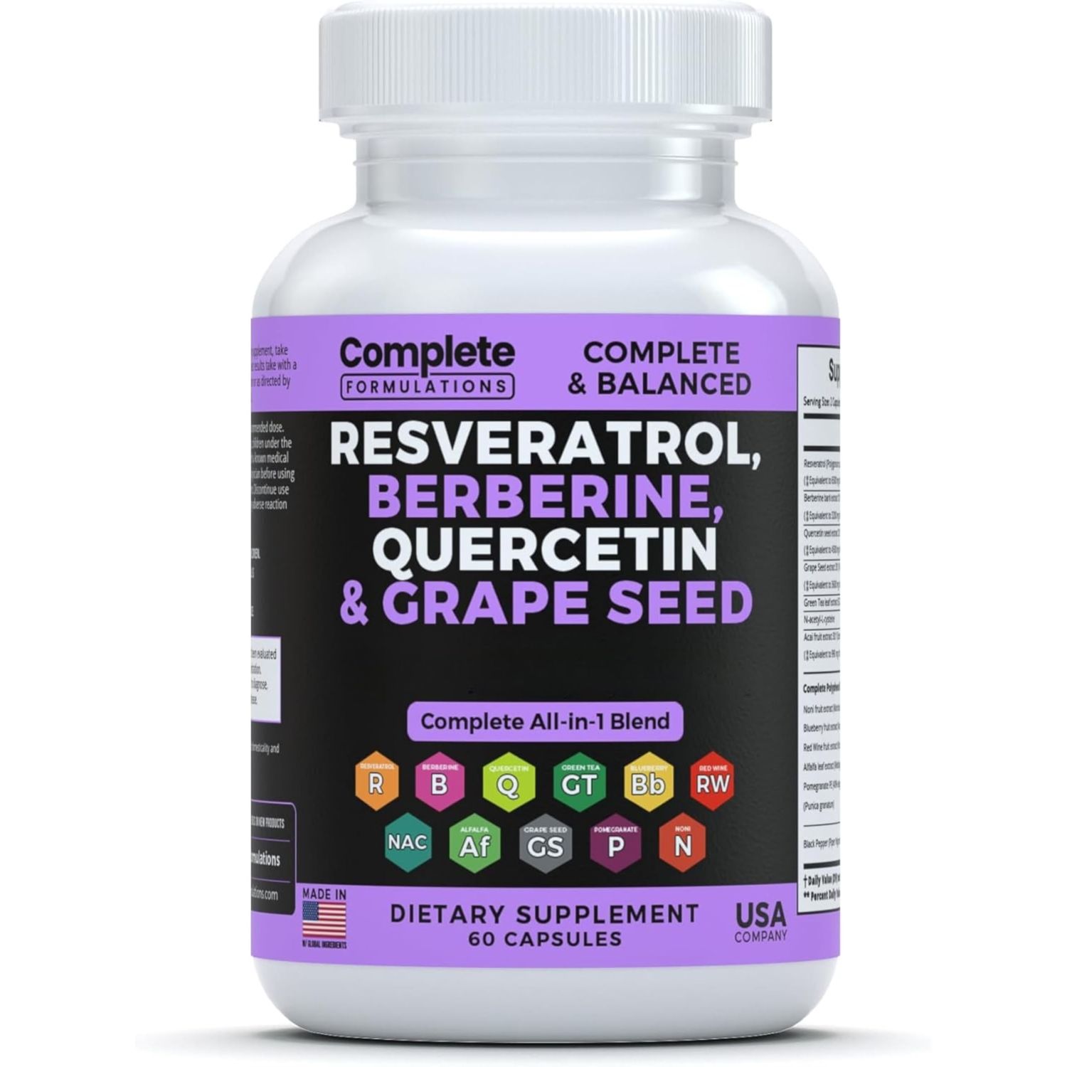 Complete Formulations Resveratrol Supplement with Quercetin, Berberine, Grape Seed Extract &amp; Polyphenol Blend for Skin Health, Immune Support &amp; Antioxidant Boost