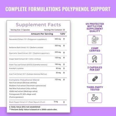 Complete Formulations Resveratrol Supplement with Quercetin, Berberine, Grape Seed Extract & Polyphenol Blend for Skin Health, Immune Support & Antioxidant Boost