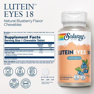 SOLARAY Chewable Lutein Eyes 18 | Eye &amp; Macular Health Support Supplement w/Naturally Occurring Lutein and Zeaxanthin | Non-GMO | 30 Chewables