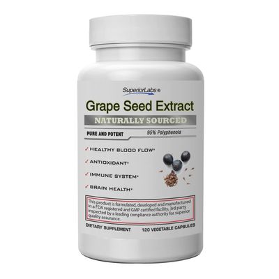 SuperiorLabs - Grape Seed Extract - 95 Polyphenols - 400mg, 120 Vegetable Capsules - High Antioxidant Content - Healthy Blood Flow - Brain Health