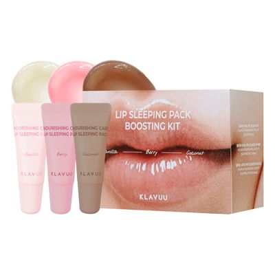 KLAVUU Lip Sleeping Pack Boosting Kit - Overnight Deep Hydrating Korean Lip Balm Treatment for Very Dry, Chapped Lips | Travel Size Gift Set | Mini K-Beauty Lip Mask (Berry &amp; Vanilla &amp; Coconut)