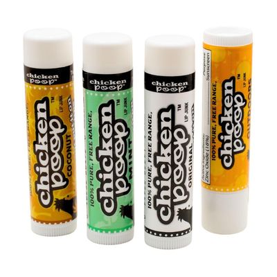 Chicken Poop Lip Balm Simone Chickenbone 100 Natural Moisturizer for Dry, Chapped Lips, Combo (Original, Mint, Outdoors with SPF 30, Coconut), 4 Pack