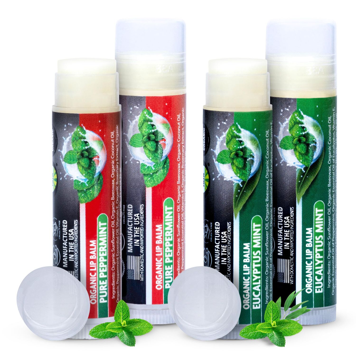 Eucalyptus Lip Balm Mint &amp; Peppermint Lip Balm 4 Pack, Organic Natural Lip Balm for Women and Men, Hydrating and Moisturizing, Sunflower Oil, Coconut Oil, Beeswax, Vitamin E, USDA Organic, Made in USA
