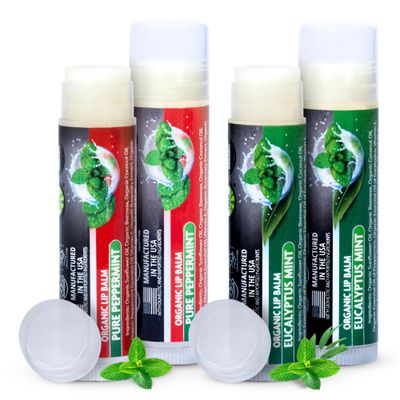 Eucalyptus Lip Balm Mint &amp; Peppermint Lip Balm 4 Pack, Organic Natural Lip Balm for Women and Men, Hydrating and Moisturizing, Sunflower Oil, Coconut Oil, Beeswax, Vitamin E, USDA Organic, Made in USA
