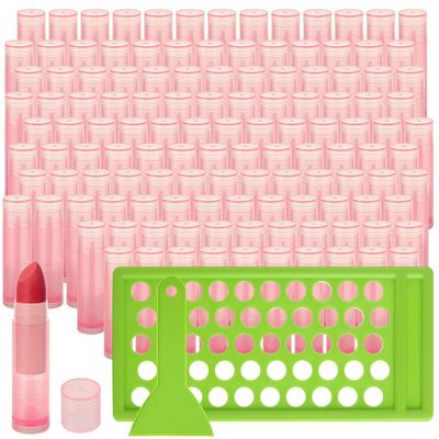 LANIAKEA 200PCS Lip Balm Tubes with Filling Tray and Spatula Set, Translucent Clear Lip Balm Container Tubes with Pink Caps, Empty Chapstick Tubes Bulk for DIY Lipstick Homemade 3/16 Oz (5.5 ml)