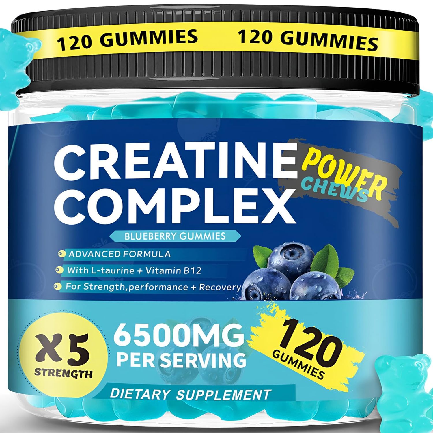 Creatine Monohydrate Gummies Complex 6500 MG Creatine Gummies for Men &amp; Women, Vegan Sugar Free Pre Workout Chewable Creatine Supplement for Muscle Growth, Energy Support, 120 Count - Blueberry