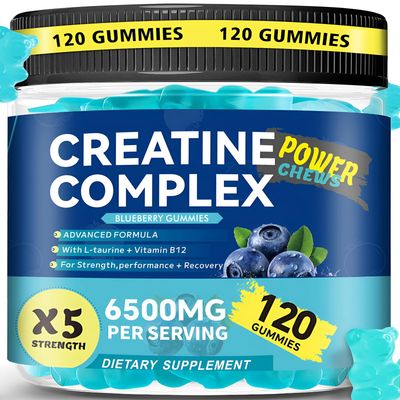 Creatine Monohydrate Gummies Complex 6500 MG Creatine Gummies for Men &amp; Women, Vegan Sugar Free Pre Workout Chewable Creatine Supplement for Muscle Growth, Energy Support, 120 Count - Blueberry