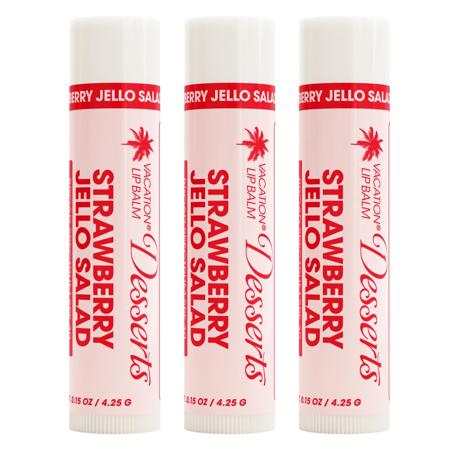 Vacation Strawberry Jello Salad SPF 30 Lip Balm, Hydrating Sunscreen for Lips, Water-Resistant, Lightweight, Transparent Sheen, Vegan Formula Made without Beeswax (Pack of 3)